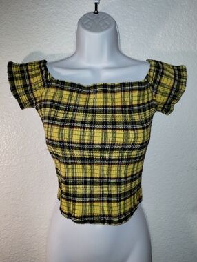 HOT TOPIC Yellow Plaid Square-Neck Women’s Top sz Medium